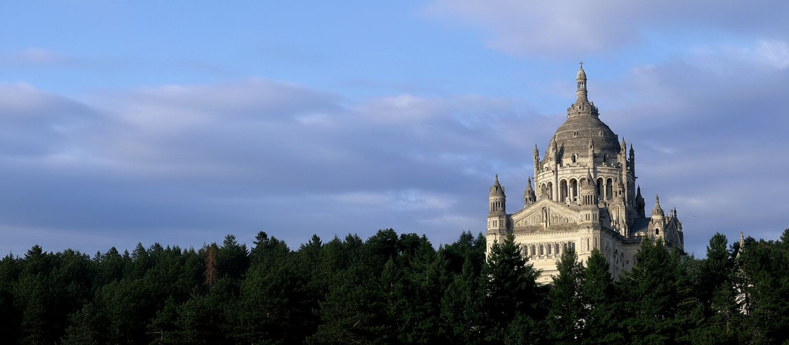 Le dôme de la basilique de Lisieux au-dessus des arbres, en fin de journée