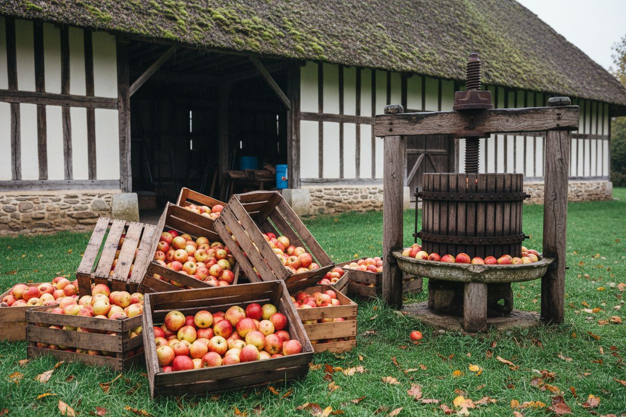 Des pommes à cidre devant un pressoir