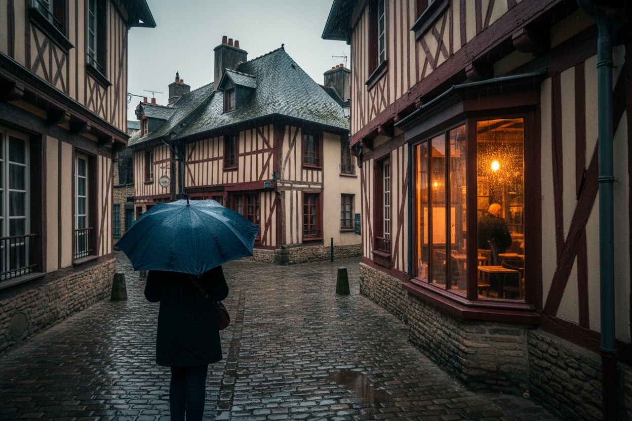 Une rue pavée sous la pluie